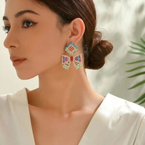 Multicolor Paved Rhinestone Bow Dangle Earrings For Women Boho Statement Vacation Party Daily Wear Accessories